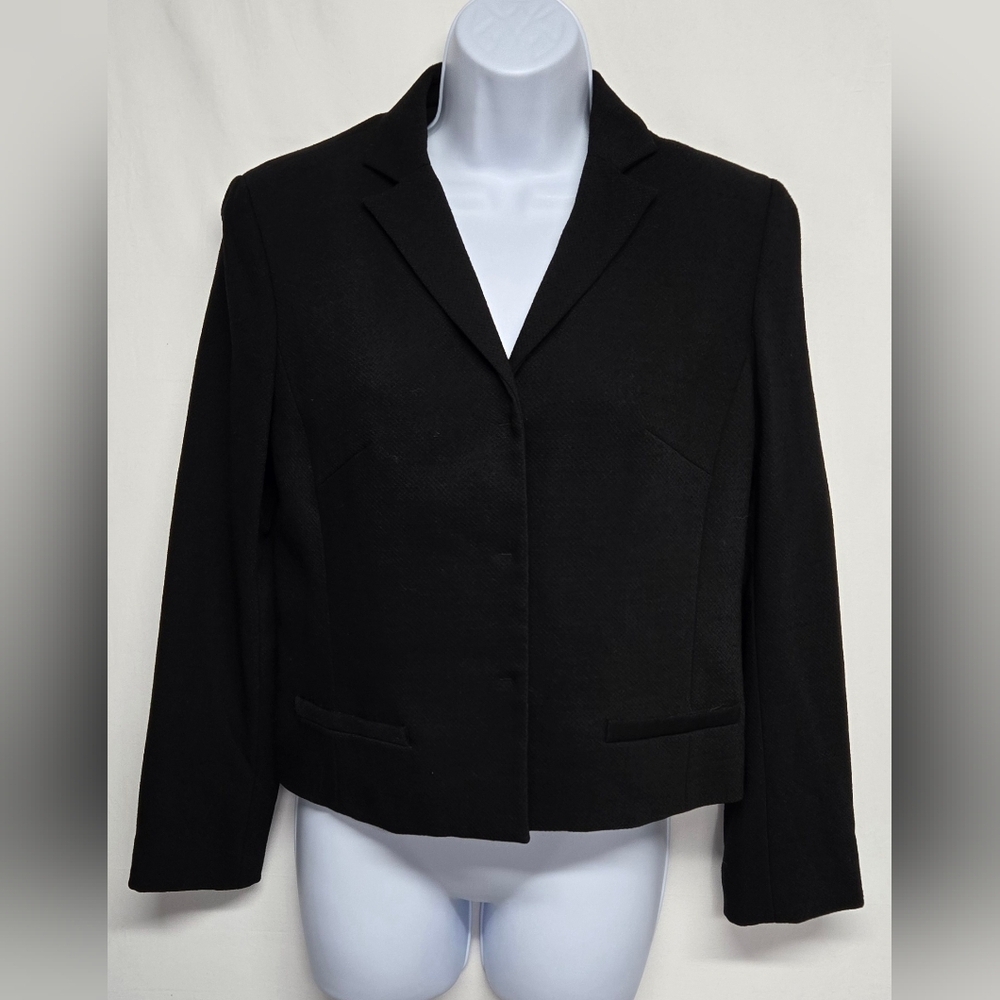 Ann Taylor Loft Petites 8P Black Textured Boxy Jacket Blazer Wool Blend
